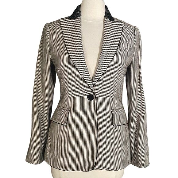 BCBGMaxAzria Jackets & Blazers - BCBGMaxazria Beaded Collar Striped Blazer Jacket Sz S Lined Black Tan and Ivory